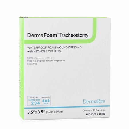 Dermafoam Tracheostomy Foam Dressing 3-1/2x3-1/2 In. Without Border Waterproof Backing Nonadhesive Fenestrated Square, 10PK 45330